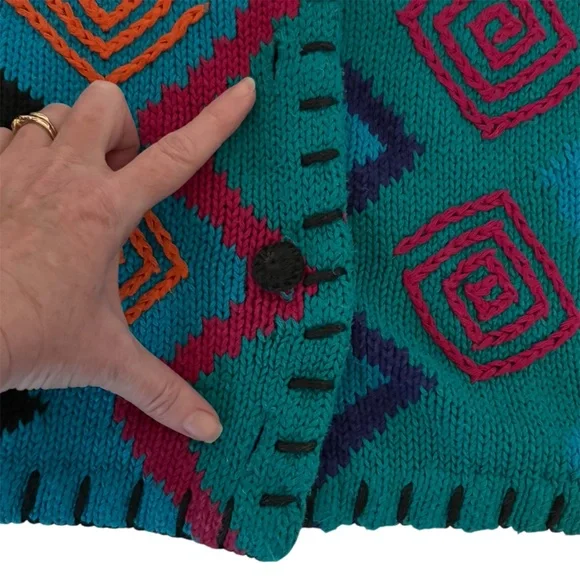 Vintage 80’s L'EAU VIVE Funky Multi-pattern Geometric Knit Long Cardigan sz L - Picture 6 of 7